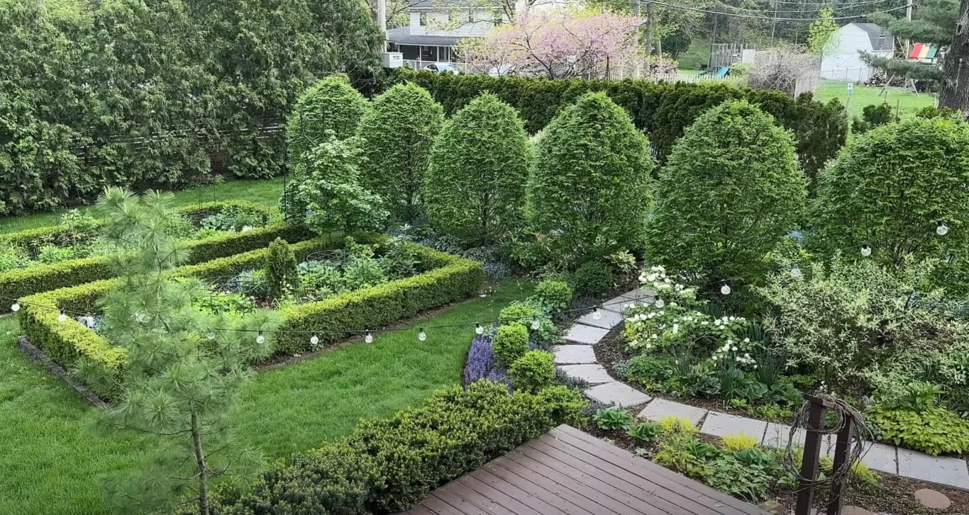 Aerial view of beautifully landscaped backyard with curved pathways